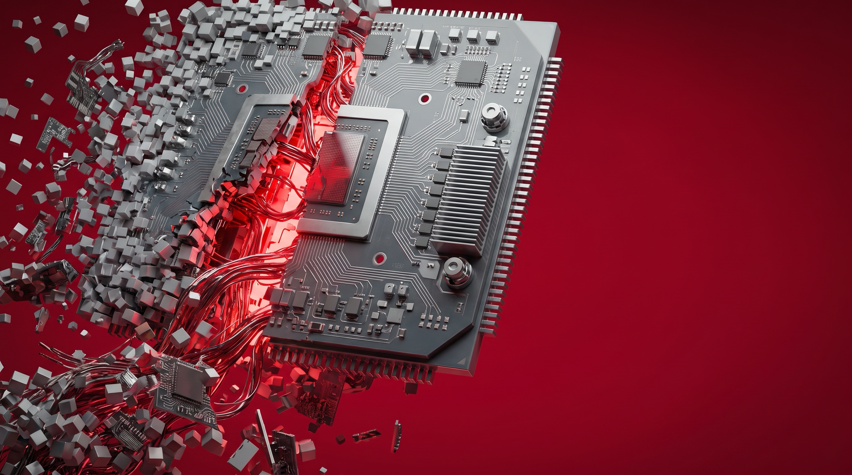 A breached AI chip disintegrating into voxels on a crimson field